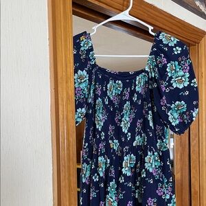 Justice Navy Floral Puff-Sleeve Dress with Aqua & Purple Flowers